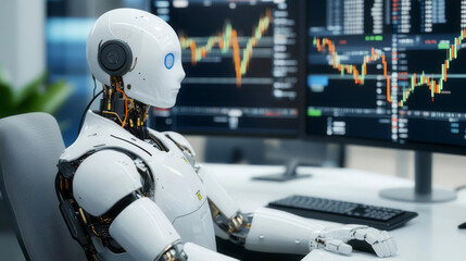 Fototapeta premium Holographic stock trading desk, integrated AI, advanced financial tools, sleek office environment, investment technology