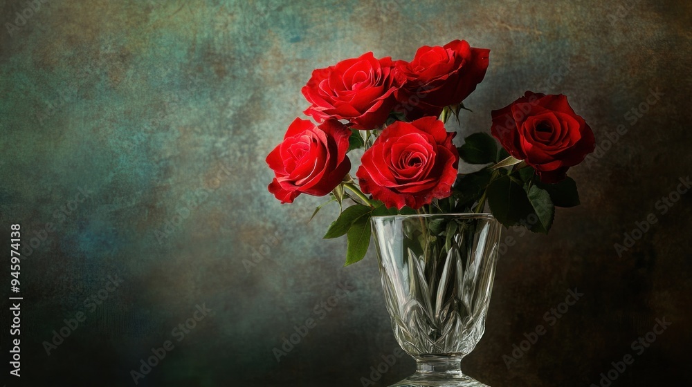 Sticker Red Roses in a Crystal Vase Against a Green and Brown Backdrop