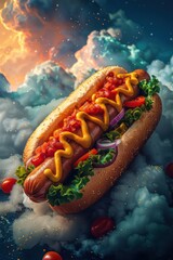 A hot dog with mustard and ketchup, nestled in a bun, floats above clouds with a bright, colorful sky behind it