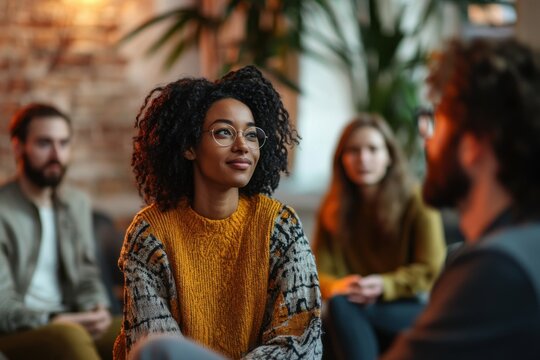 Group therapy session in a warm, inviting room with diverse participants sharing emotional support and connections during a reflective afternoon meeting.