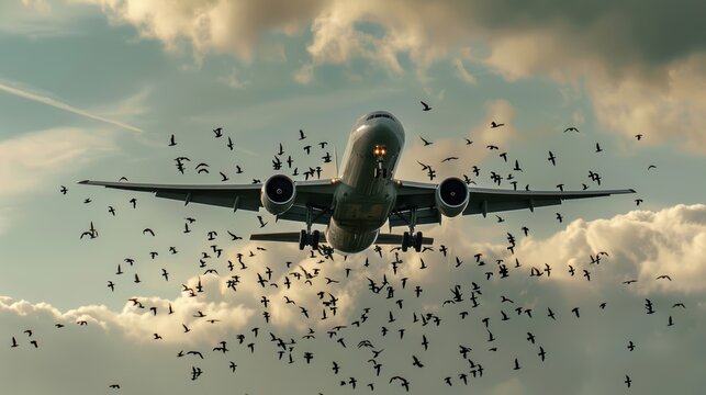 Airplane Taking Off Amidst Flock Of Birds Against Cloudy Sky
