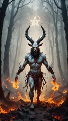 Demon Baphomet with Bloody Pentagram in Foggy Forest