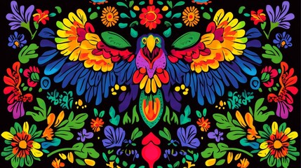 Obraz premium A digital illustration of Aztec patterns with vibrant colors and intricate designs against a black background with clean lines, using a colored ink stock