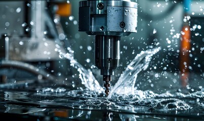 CNC machining centre drilling steel and using metal working fluid as coolant. 