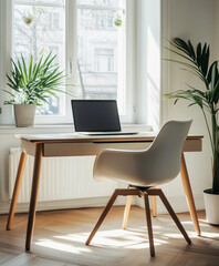 Fototapeta premium workspace with a simple wooden desk, a single laptop