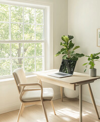 Fototapeta premium workspace with a simple wooden desk, a single laptop