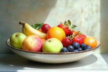 A hyper-detailed fruit bowl showcasing meticulously textured fruits with vibrant colors, natural light casting artistic shadows for a painterly effect.