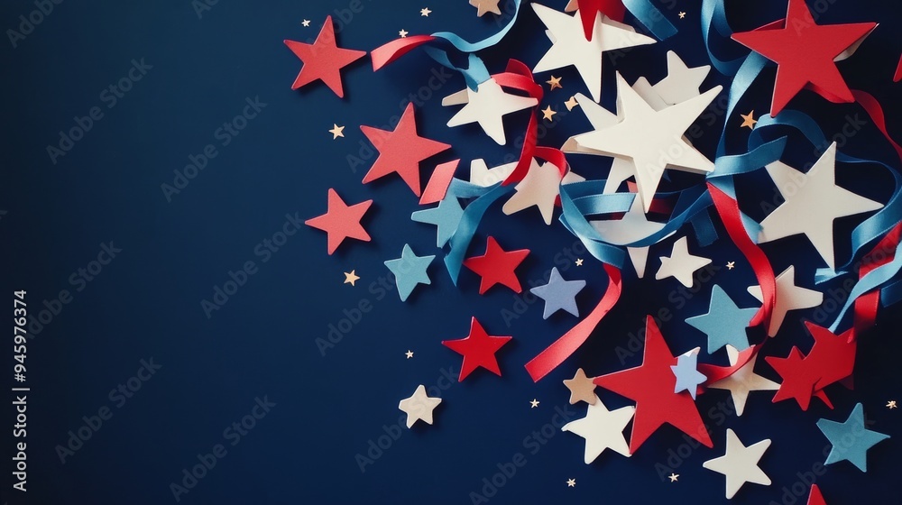 Wall mural An illustration of red, white, and blue bunting for the United States national holiday on a dark navy blue background