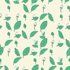 Seamless vector pattern with jasmine leaves and flowers. Floral background illustration.