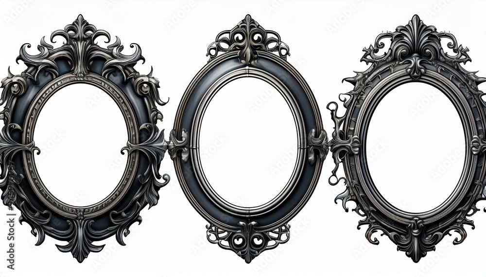 Wall mural Halloween set of antique baroque black wooden oval picture frames isolated on white background. Decorative spooky, mystery, horror frame design. cutout.