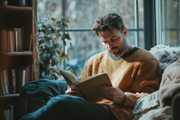 A man engages in deep journaling by a sunlit window in a cozy room, immersed in self-reflection and surrounded by calming greenery.