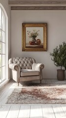 Fototapeta premium A 3D rendered scene of an inviting farmhouse inspired living room featuring whitewashed wooden floors a plush area rug a tufted leather armchair