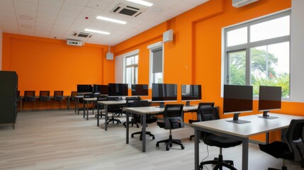 Empty computer lab with orange walls and desks