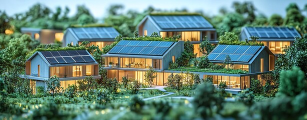 A model of modern eco-friendly houses surrounded by lush greenery, featuring solar panels and illuminated windows at dusk.