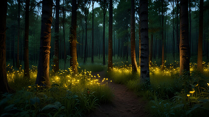 Obraz premium A quiet forest illuminated by the golden glow of fireflies at twilight. Background