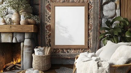 A cozy and atmospheric 3D rendered scene of a farmhouse living room with a vintage wooden mockup frame woven tapestry accents a stone fireplace and a soft knit blanket