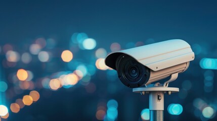 Outdoor surveillance camera overlooking city at night