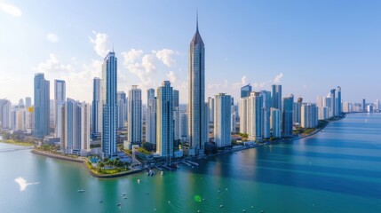 Obraz premium Aerial view of modern coastal city skyline