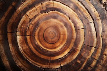 Cross section of cut wood tree trunk slice with wavy pattern cracks and rings sawed down from woods