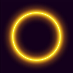 Yellow neon circle, glowing border, abstract sun sign, vector illustration.