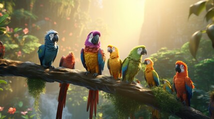 Obraz premium Colorful Parrots Perched on a Branch in a Lush Tropical Forest