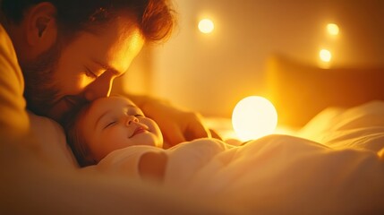 A parent tucking their child into bed, with a glowing light from a life insurance policy illuminating the room, symbolizing the comfort and peace of mind life insurance provides for families