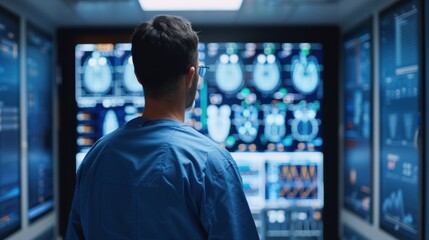 Doctor analyzing brain scans on multiple digital screens