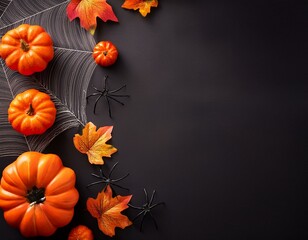 Happy halloween flat lay mockup with pumpkins, leaves and spider web on black background. Autumn holiday concept composition. Top view with copy space. Generated ai.