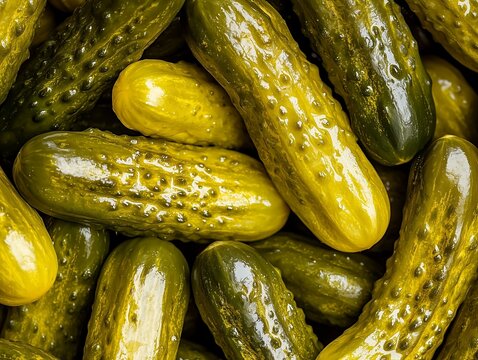 Close-Up of a Pile of Pickles, Highlighting Their Glossy Texture and Vibrant Green Color