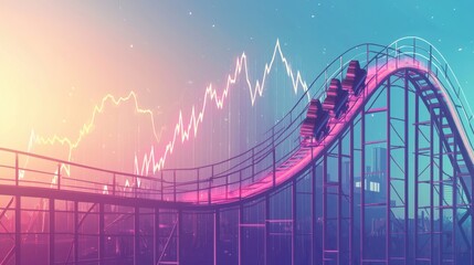 Obraz premium A rollercoaster track shaped like a graph line, with steep climbs and sharp drops, featuring market symbols riding the track