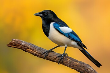 Obraz premium Close-Up of a Magpie Perched on a Branch in Natural Habitat, Captured with Sharp Details and Vibrant Black and White Plumage, Ideal for Wildlife Observation or Birdwatching Prints