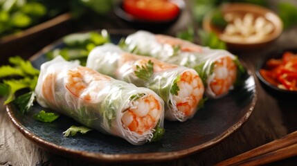 Gỏi cuốn, Vietnamese spring rolls, summer spring rolls, or salad spring rolls, a traditional dish in Vietnamese cuisine consisting of chicken, shrimp, vegetables, bún, and other ingredients wrapped in