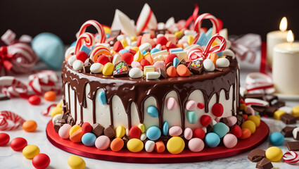It's a cake decorated with candy, chocolate, and colorful sprinkles.

