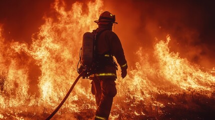 Obraz premium fireman fighting a great fire.