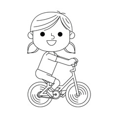 Cute little girl riding bicycle. Posture kid riding bikes in nature. Coloring book for children. Vector illustration in outline style.