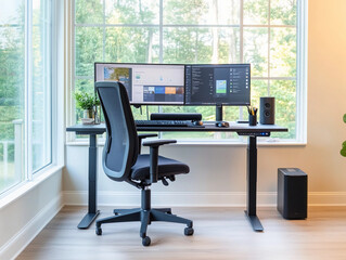 Smart home office setup: A professional home office with a smart desk that adjusts its height automatically