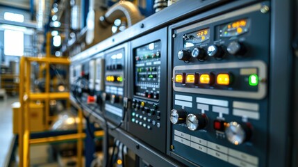 Control panel with digital displays and switches in a factory