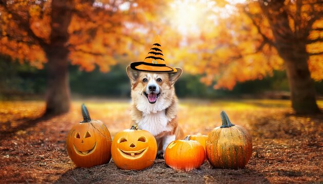 korgi dog in a halloween hat with jack o lantern pumpkins sitting in an autumn park