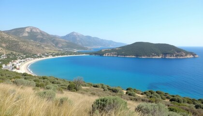 Obraz premium Tranquil coastal scene with vibrant blue waters and lush greenery