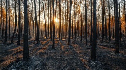 Obraz premium incredible photo of the forest after a big forest fire. black burnt trees
