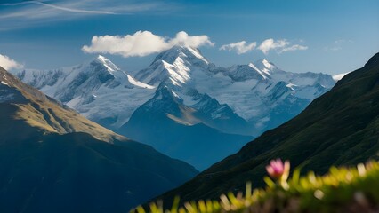 Fototapeta premium Captivating Photo of the Majestic Tatra Mountains, Showcasing Snow-Covered Peaks, Lush Meadows, and a Serene Blue Sky with Hikers on a Mountain Path