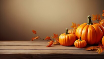 orange pumpkins on a wooden table, Thanksgiving illustration with free space for text