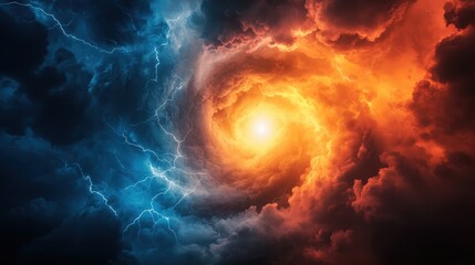 A stormy weather system with dark clouds, lightning, and a swirling tornado, gradually clearing to reveal a bright sun and calm skies