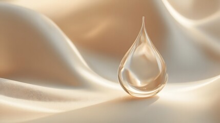 A refined drop of serum with a delicate glow, elegantly positioned on a soft beige background. The image emphasizes the drop’s clarity and the gentle light surrounding it.
