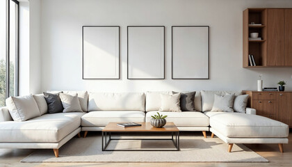 Square coffee table near white sofa and rustic cabinets against white wall with blank poster frames with copy space. Japanese home interior design of modern living room