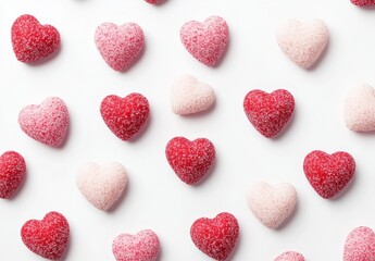 Background with white and pink hearts on a white background with red hearts in the middle