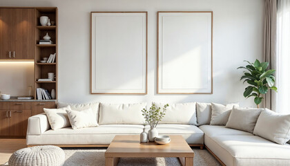 Fototapeta premium Square coffee table near white sofa and rustic cabinets against white wall with blank poster frames with copy space. Japanese home interior design of modern living room