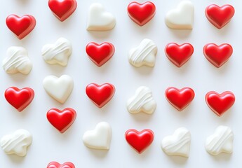 Obraz premium Hearts in red, pink, and white on a white background in a candy style Stock with a Valentine's Day theme