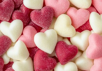 Fototapeta premium Valentine's Day theme stock image - pink, red, and white hearts on the background, seamless, flat lay, wide angle