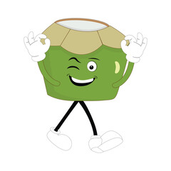 Cute coconut mascot cartoon posing. Vector illustration, Happy Coconut Character Summer Design with a straw, a slice of lemon and a small umbrella, while others gave a thumbs up